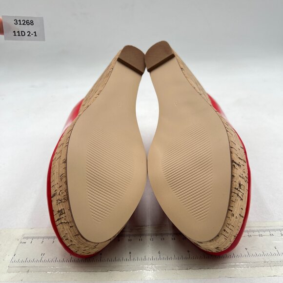 XYD Red Round Toe Wood Platform Pumps Slip On Patent Wedge Cork High Heel Shoes - Picture 7 of 8